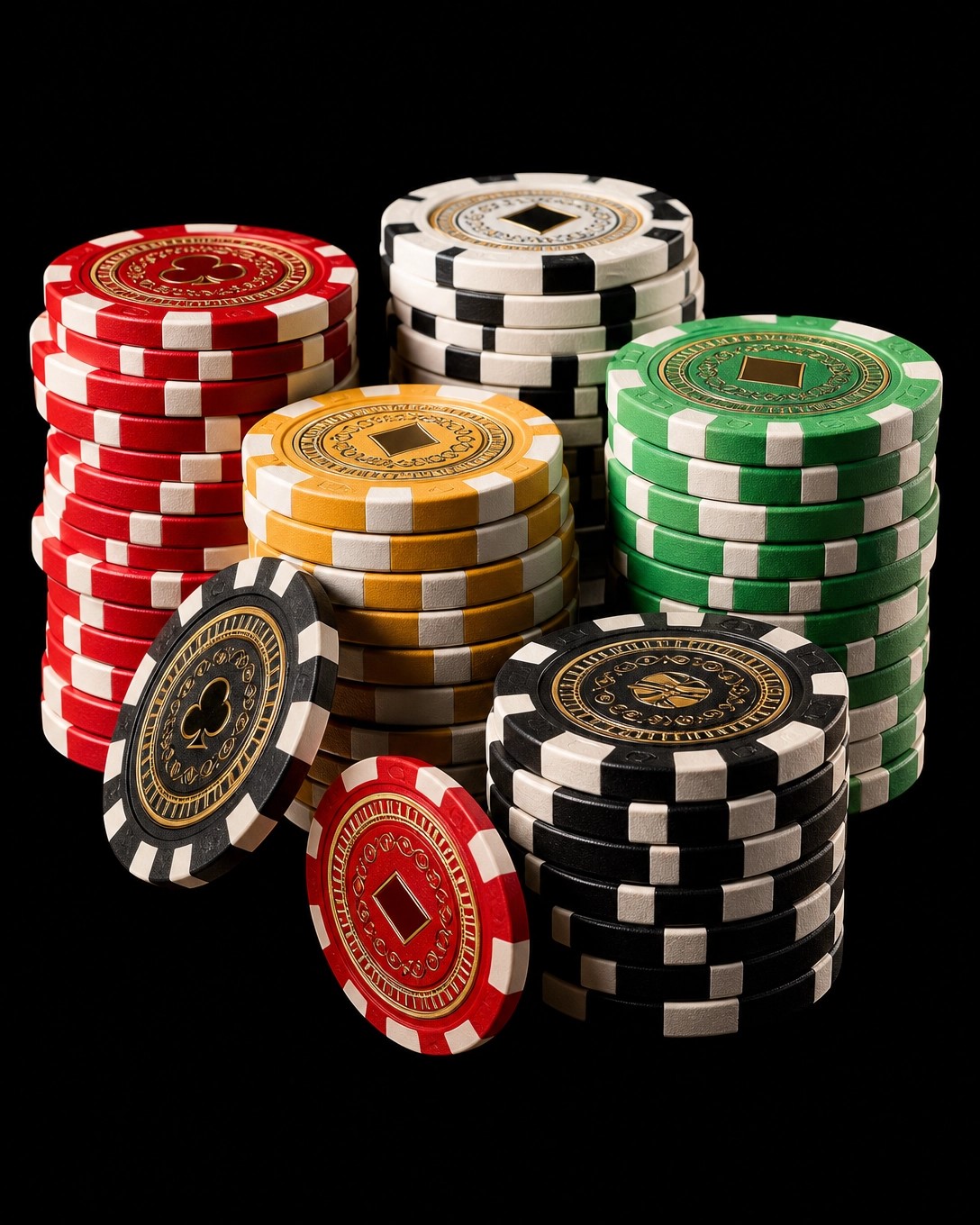 A premium stack of casino poker chips in red, white, yellow, green and black with gold detailing — brightly lit on a pure black studio background